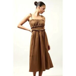 NEW! Sugarlips Orion Smocked Waist Poplin Midi Dress Brown SZ S